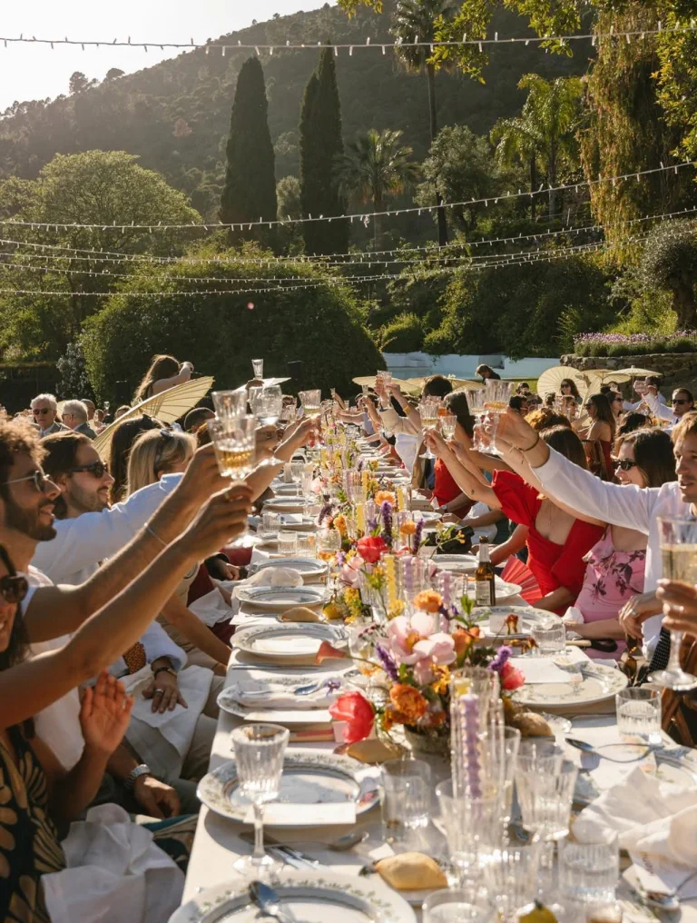 Los invitados brindan a lo largo de la mesa del banquete