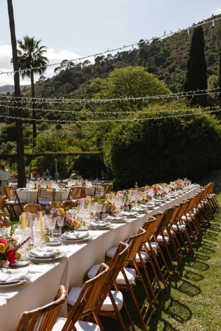 Mesa larga del banquete sobre el césped de Torre de Tramores, con guirnaldas de luces y las montañas al fondo